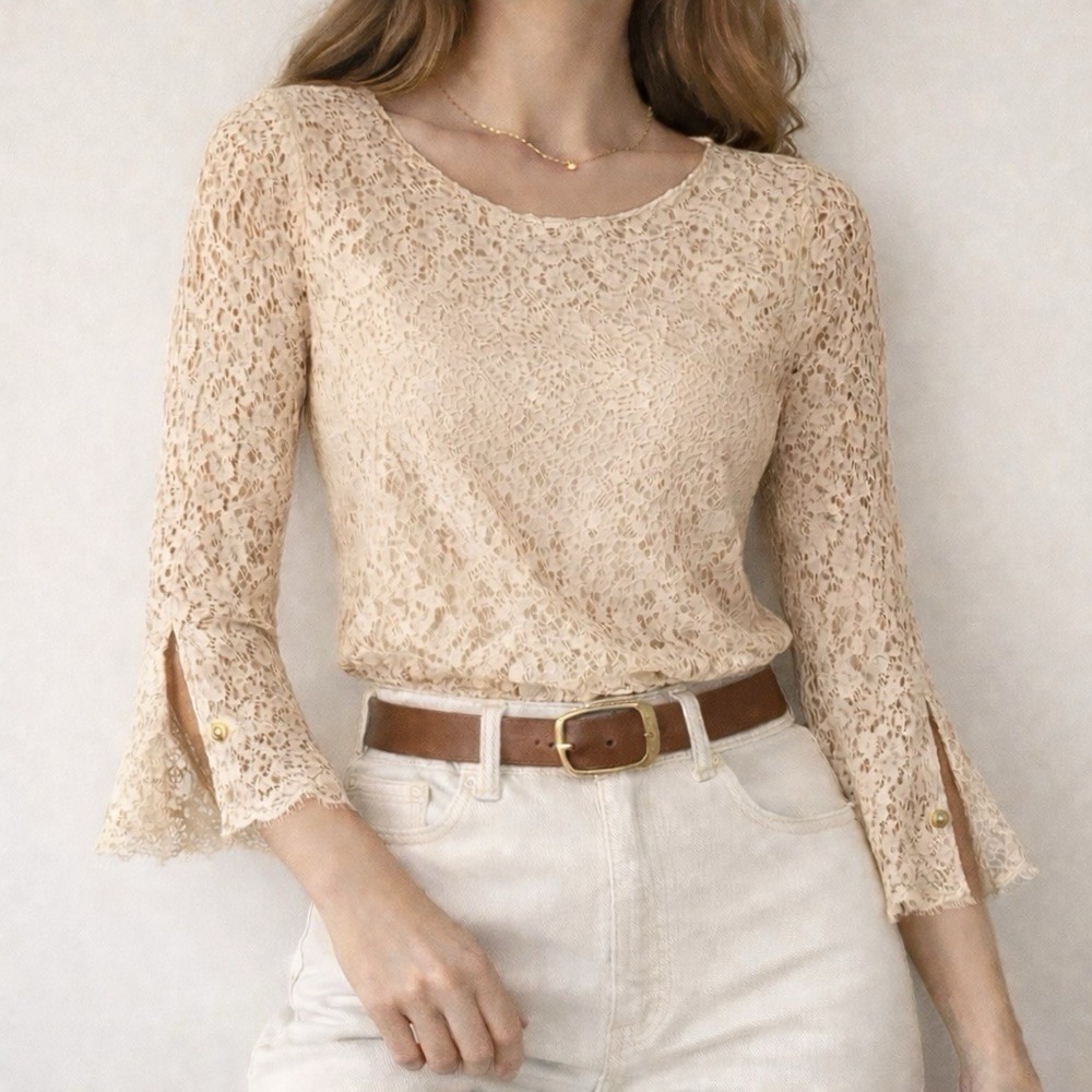 Adrienne Vittadini Ivory Lace Bell Sleeve Blouse Sheer Lined Boho Romantic Sz S